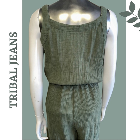 Tribal Crinkle Gauze Jumpsuit Button Front Tie Waist Fern Green Size XS - Picture 8 of 9